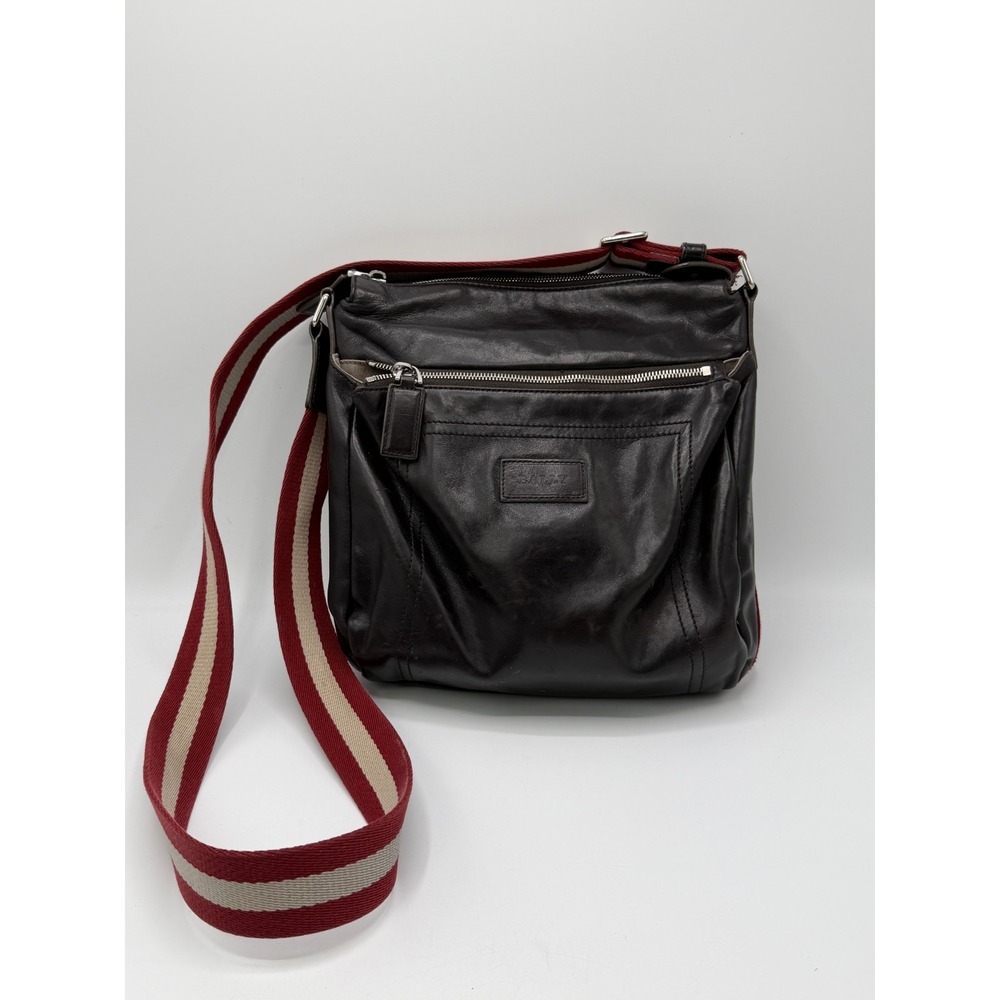 Bally Dark Brown Leather Crossbody Messenger Bag Red White Stripe 10in x 11in